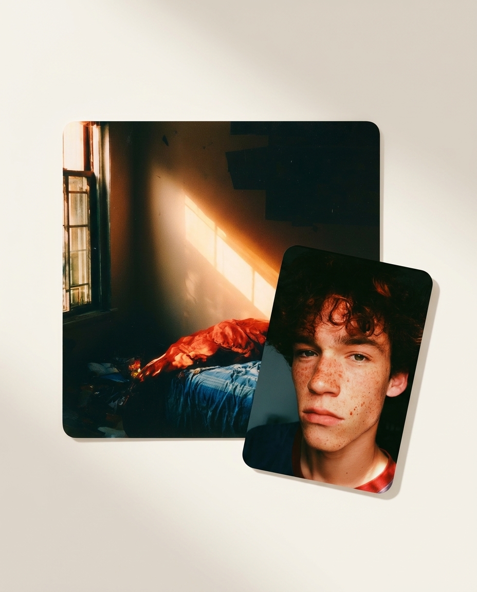 Two photos paired together — a sunlit room and the person who captured it — like a single dual-camera frame.