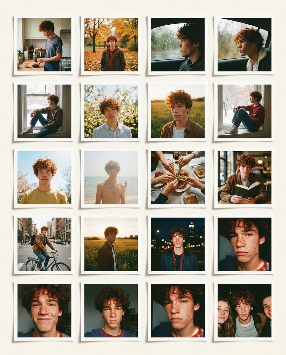 A contact-sheet grid of a full year of daily captures — faces, rooms and seasons laid out together.