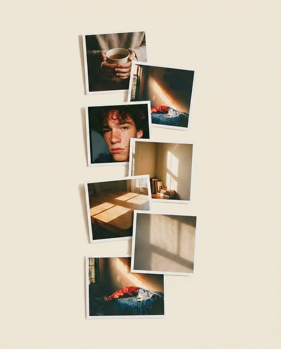 A loose stack of a week’s polaroid-style captures — coffee, a face, a room, morning light.